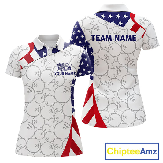 Custom White Bowling Ball US Flag Bowling Polo 1/4-Zip Shirt For Women Patriotic Bowling Tournament Jersey NYN4653