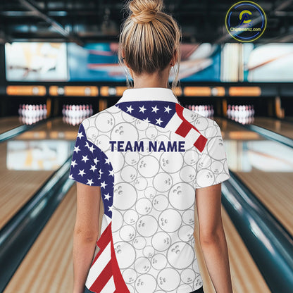 Custom White Bowling Ball US Flag Bowling Polo 1/4-Zip Shirt For Women Patriotic Bowling Tournament Jersey NYN4653