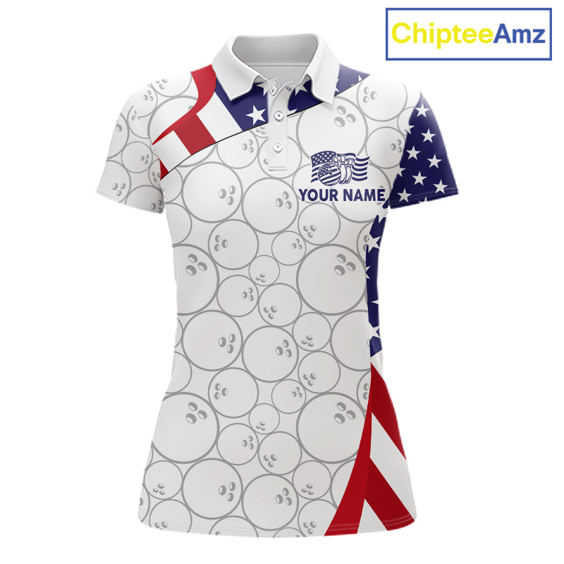 Custom White Bowling Ball US Flag Bowling Polo 1/4-Zip Shirt For Women Patriotic Bowling Tournament Jersey NYN4653