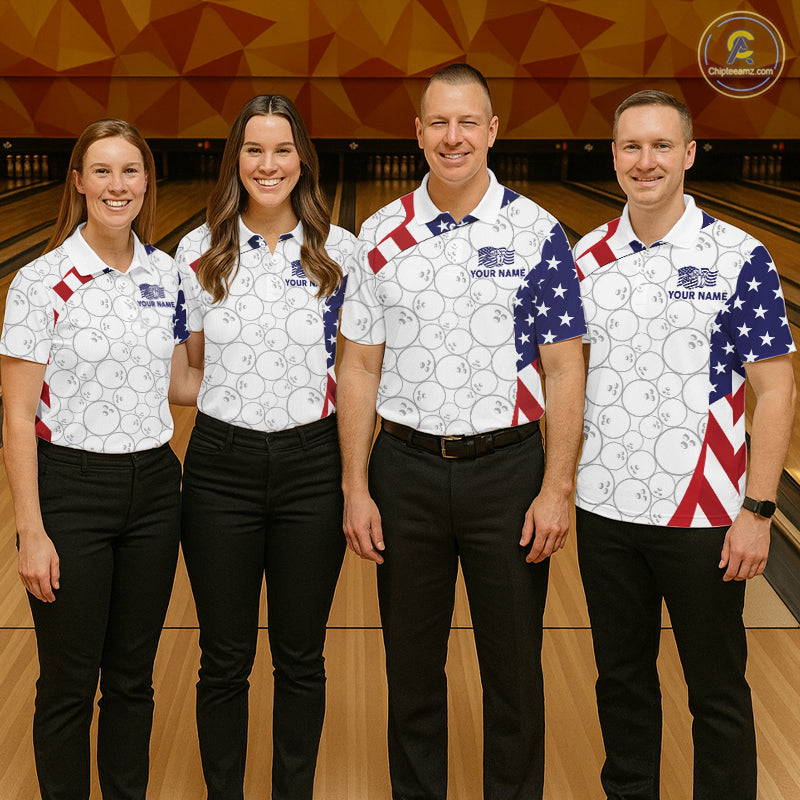 Custom White Bowling Ball US Flag Bowling Polo 1/4-Zip Shirt For Men Patriotic Bowling Tournament Jersey NYN4653