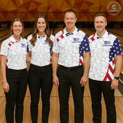 Custom White Bowling Ball US Flag Bowling Polo 1/4-Zip Shirt For Men Patriotic Bowling Tournament Jersey NYN4653