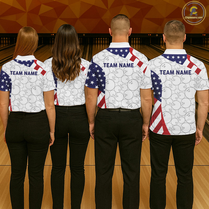 Custom White Bowling Ball US Flag Bowling Polo 1/4-Zip Shirt For Men Patriotic Bowling Tournament Jersey NYN4653