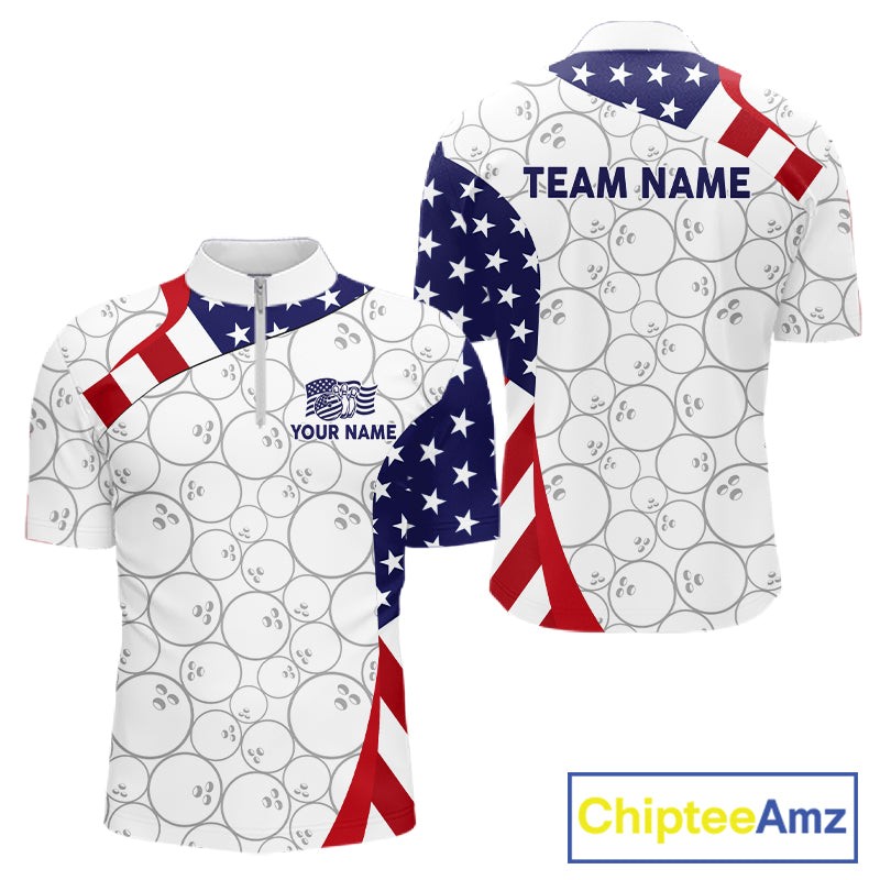 Custom White Bowling Ball US Flag Bowling Polo 1/4-Zip Shirt For Men Patriotic Bowling Tournament Jersey NYN4653