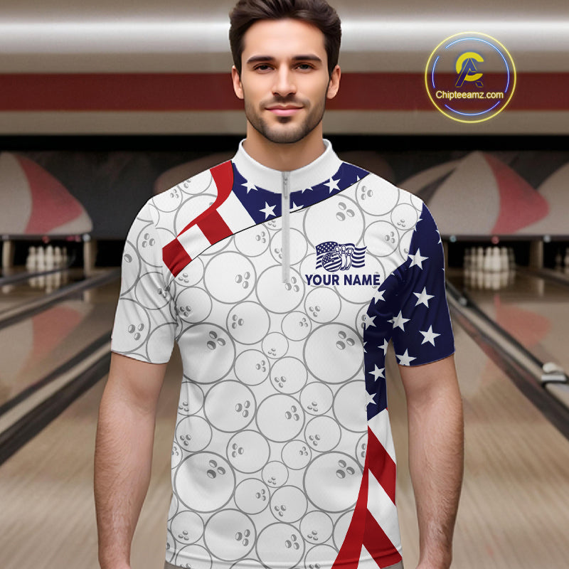 Custom White Bowling Ball US Flag Bowling Polo 1/4-Zip Shirt For Men Patriotic Bowling Tournament Jersey NYN4653