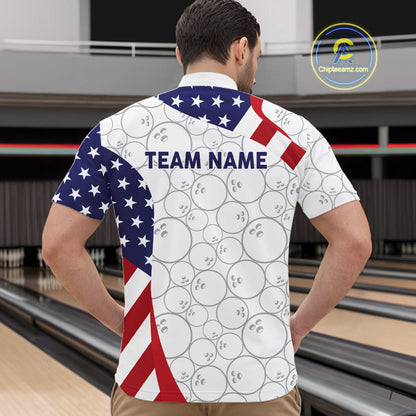 Custom White Bowling Ball US Flag Bowling Polo 1/4-Zip Shirt For Men Patriotic Bowling Tournament Jersey NYN4653