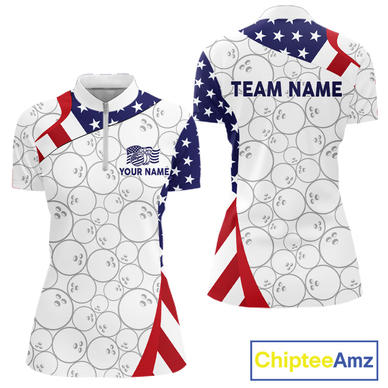 Custom White Bowling Ball US Flag Bowling Polo 1/4-Zip Shirt For Women Patriotic Bowling Tournament Jersey NYN4653