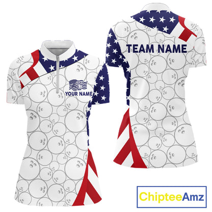 Custom White Bowling Ball US Flag Bowling Polo 1/4-Zip Shirt For Women Patriotic Bowling Tournament Jersey NYN4653