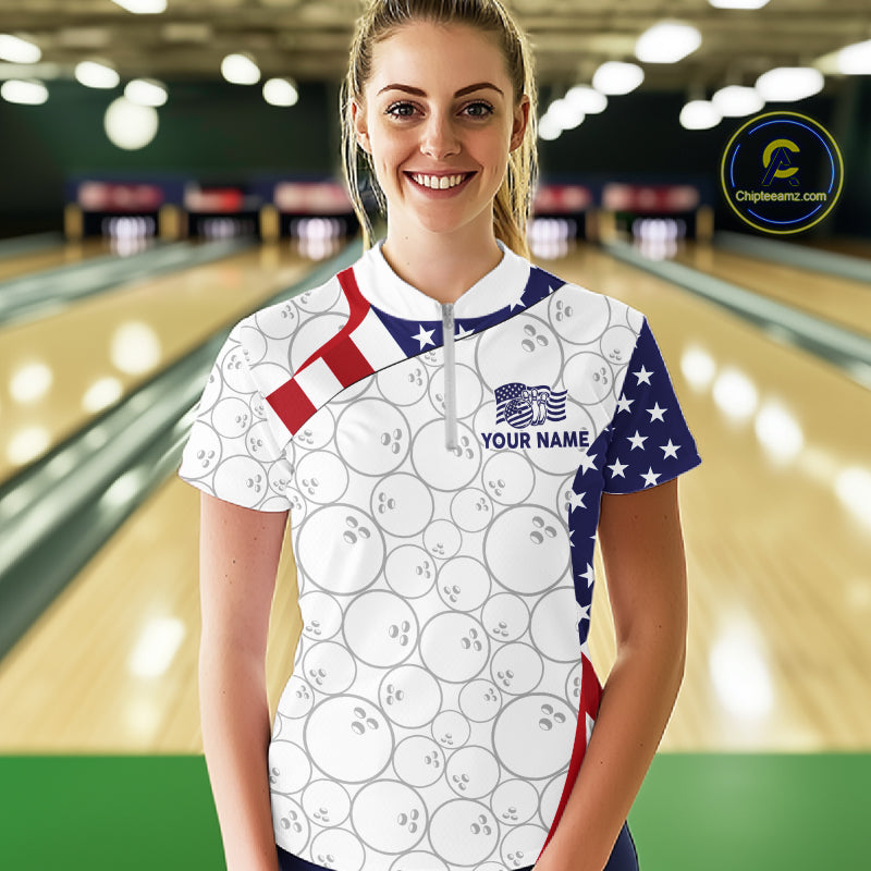 Custom White Bowling Ball US Flag Bowling Polo 1/4-Zip Shirt For Women Patriotic Bowling Tournament Jersey NYN4653