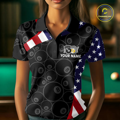Custom 8 Ball Pattern Billiard Shirt For Women Personalized Team Name Polo 1/4-Zip Pool Billiard Team Jersey NYN4654