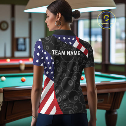 Custom 8 Ball Pattern Billiard Shirt For Women Personalized Team Name Polo 1/4-Zip Pool Billiard Team Jersey NYN4654