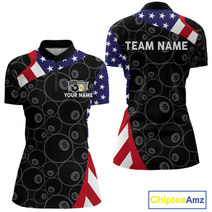 Custom 8 Ball Pattern Billiard Shirt For Women Personalized Team Name Polo 1/4-Zip Pool Billiard Team Jersey NYN4654