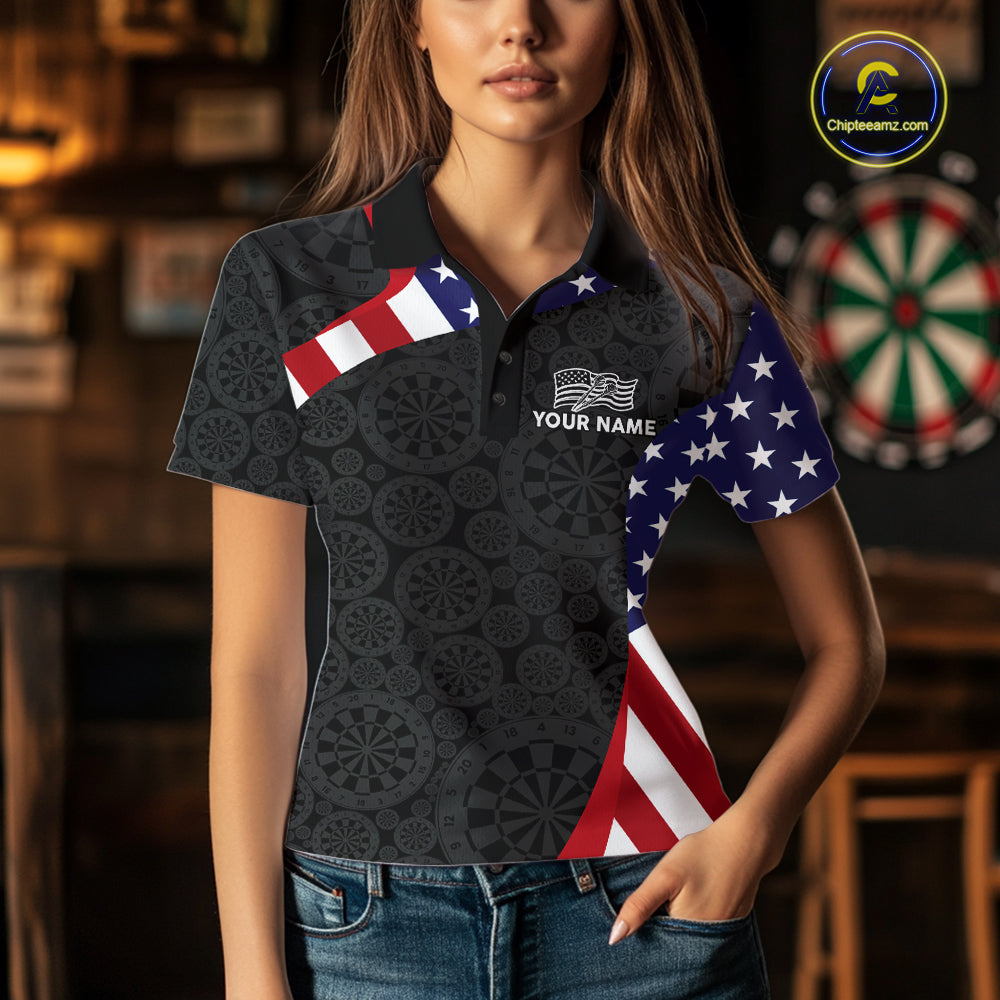 Custom US Flag Darts Shirt For Women Personalized Team Name Polo 1/4-Zip Dart Tournament Jersey NYN4655