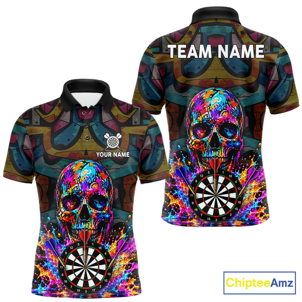 Custom Skull Dart Polo 1/4-Zip Shirt For Men Personalized Colorful Graffiti Dart Team Tournament Shirt NYN4660