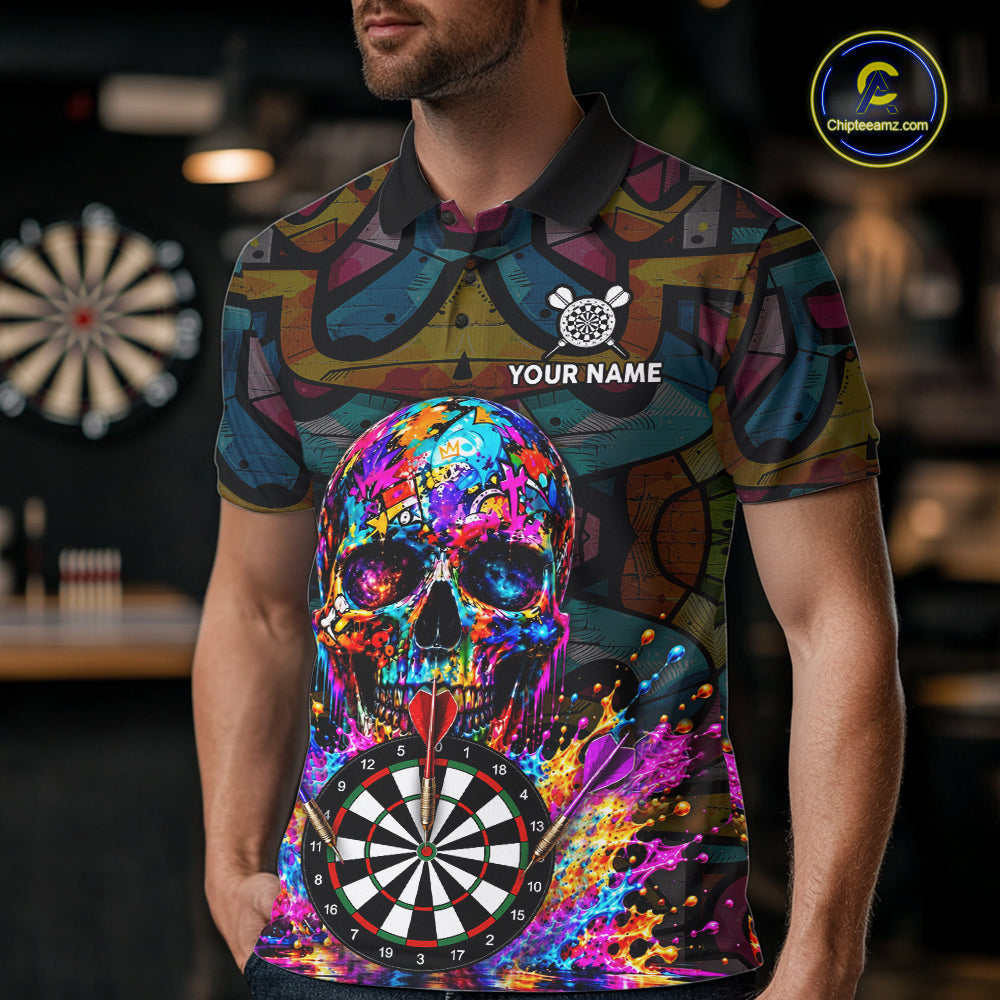 Custom Skull Dart Polo 1/4-Zip Shirt For Men Personalized Colorful Graffiti Dart Team Tournament Shirt NYN4660