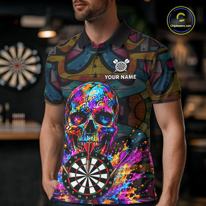 Custom Skull Dart Polo 1/4-Zip Shirt For Men Personalized Colorful Graffiti Dart Team Tournament Shirt NYN4660