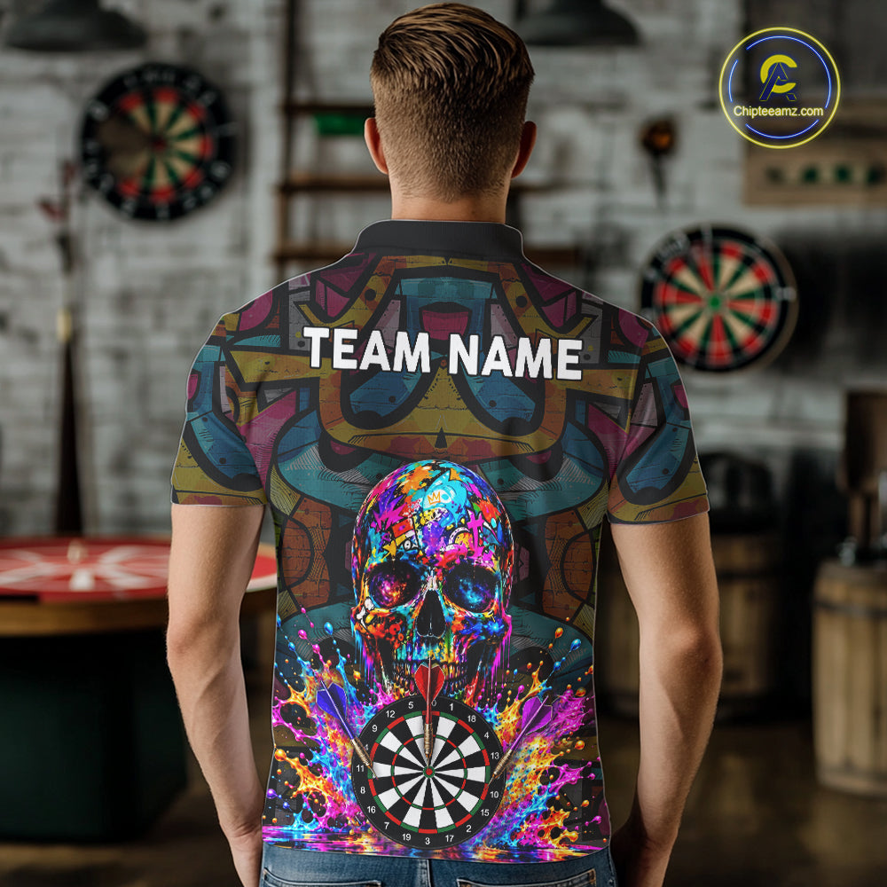 Custom Skull Dart Polo 1/4-Zip Shirt For Men Personalized Colorful Graffiti Dart Team Tournament Shirt NYN4660