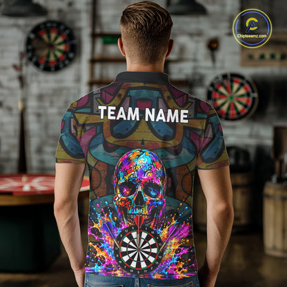 Custom Skull Dart Polo 1/4-Zip Shirt For Men Personalized Colorful Graffiti Dart Team Tournament Shirt NYN4660