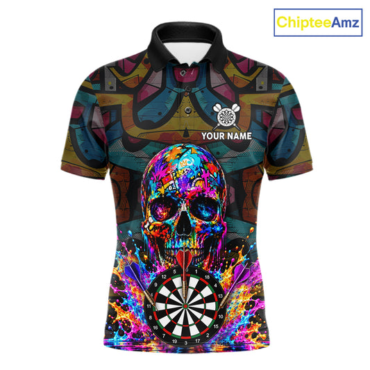 Custom Skull Dart Polo 1/4-Zip Shirt For Men Personalized Colorful Graffiti Dart Team Tournament Shirt NYN4660
