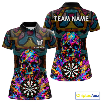 Custom Skull Dart Polo 1/4-Zip Shirt For Women Personalized Colorful Graffiti Dart Team Tournament Shirt NYN4660