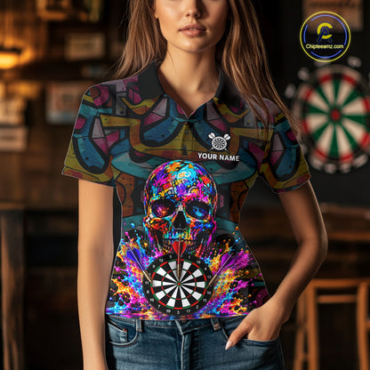 Custom Skull Dart Polo 1/4-Zip Shirt For Women Personalized Colorful Graffiti Dart Team Tournament Shirt NYN4660