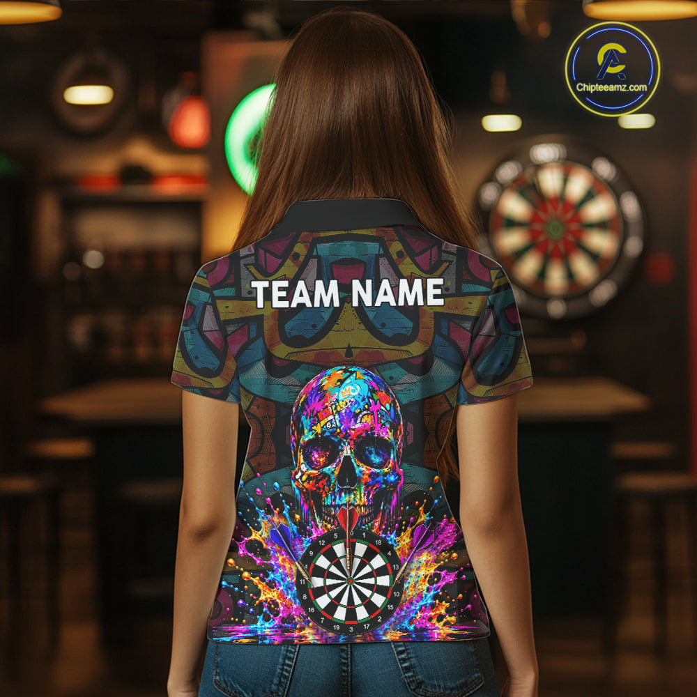 Custom Skull Dart Polo 1/4-Zip Shirt For Women Personalized Colorful Graffiti Dart Team Tournament Shirt NYN4660