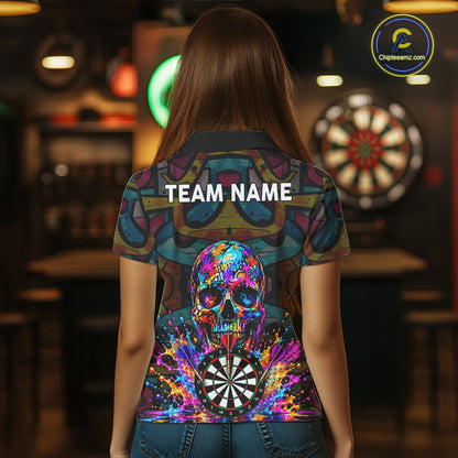 Custom Skull Dart Polo 1/4-Zip Shirt For Women Personalized Colorful Graffiti Dart Team Tournament Shirt NYN4660