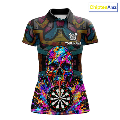 Custom Skull Dart Polo 1/4-Zip Shirt For Women Personalized Colorful Graffiti Dart Team Tournament Shirt NYN4660