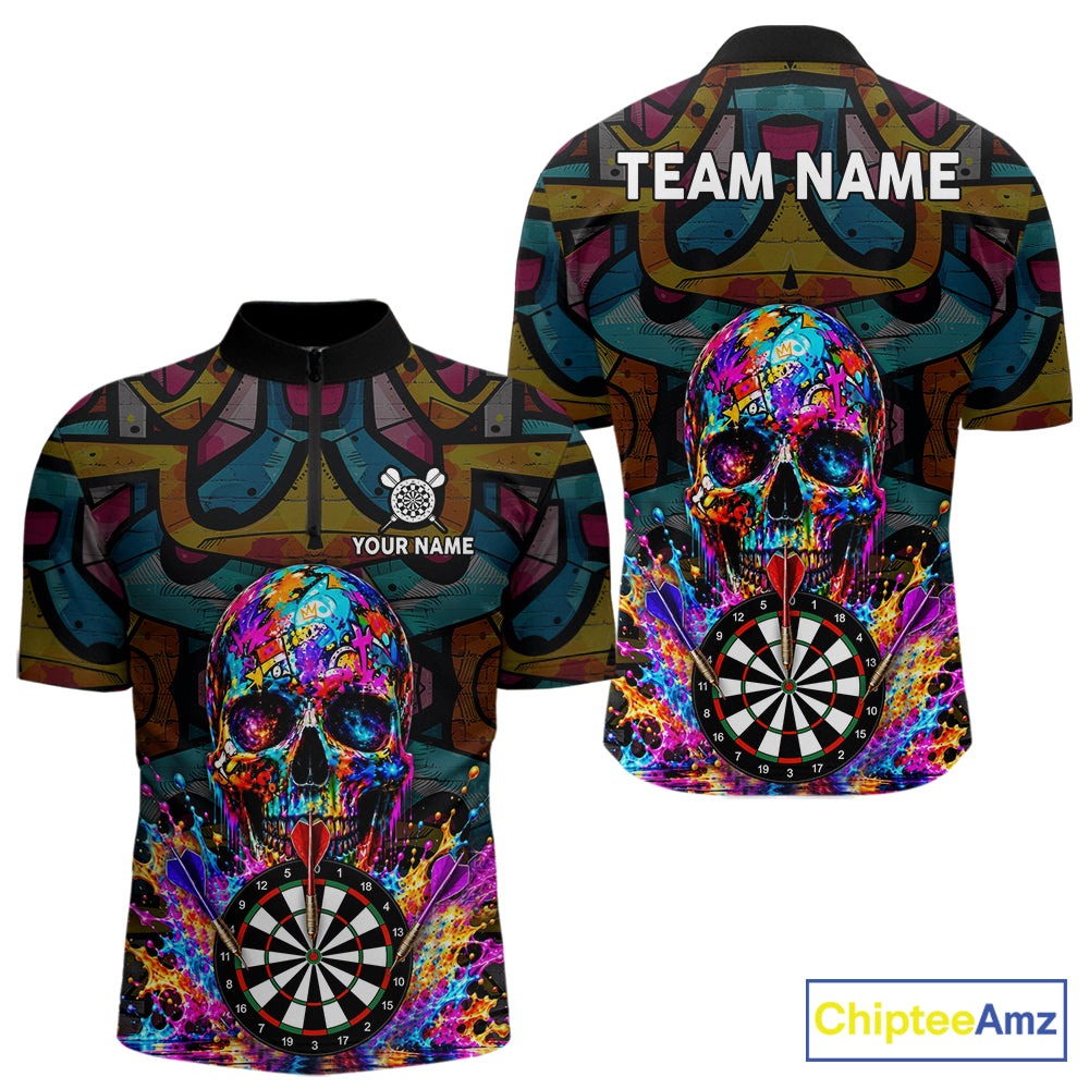 Custom Skull Dart Polo 1/4-Zip Shirt For Men Personalized Colorful Graffiti Dart Team Tournament Shirt NYN4660