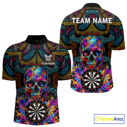 Custom Skull Dart Polo 1/4-Zip Shirt For Men Personalized Colorful Graffiti Dart Team Tournament Shirt NYN4660