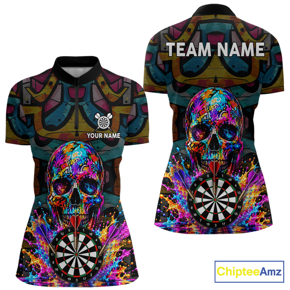 Custom Skull Dart Polo 1/4-Zip Shirt For Women Personalized Colorful Graffiti Dart Team Tournament Shirt NYN4660