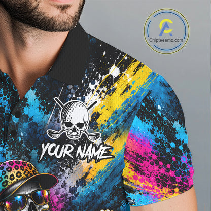 Skeleton Splatter Golf Polo Shirt For Men Custom Neon Colorful Golf Jersey Golf Apparel Gift NYN5031
