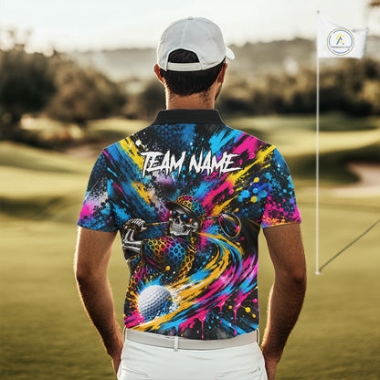Skeleton Splatter Golf Polo Shirt For Men Custom Neon Colorful Golf Jersey Golf Apparel Gift NYN5031