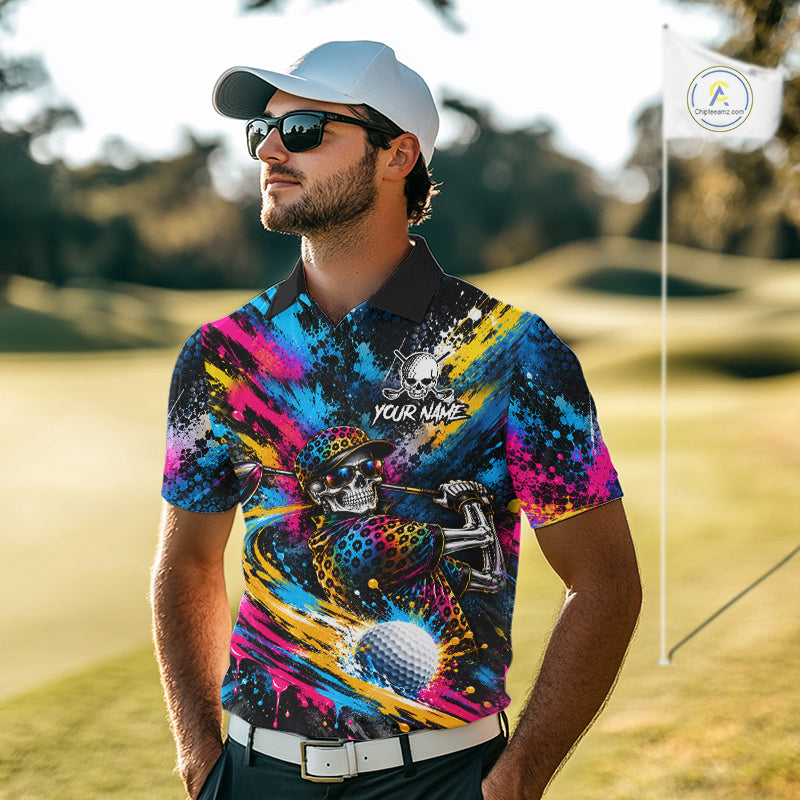 Skeleton Splatter Golf Polo Shirt For Men Custom Neon Colorful Golf Jersey Golf Apparel Gift NYN5031