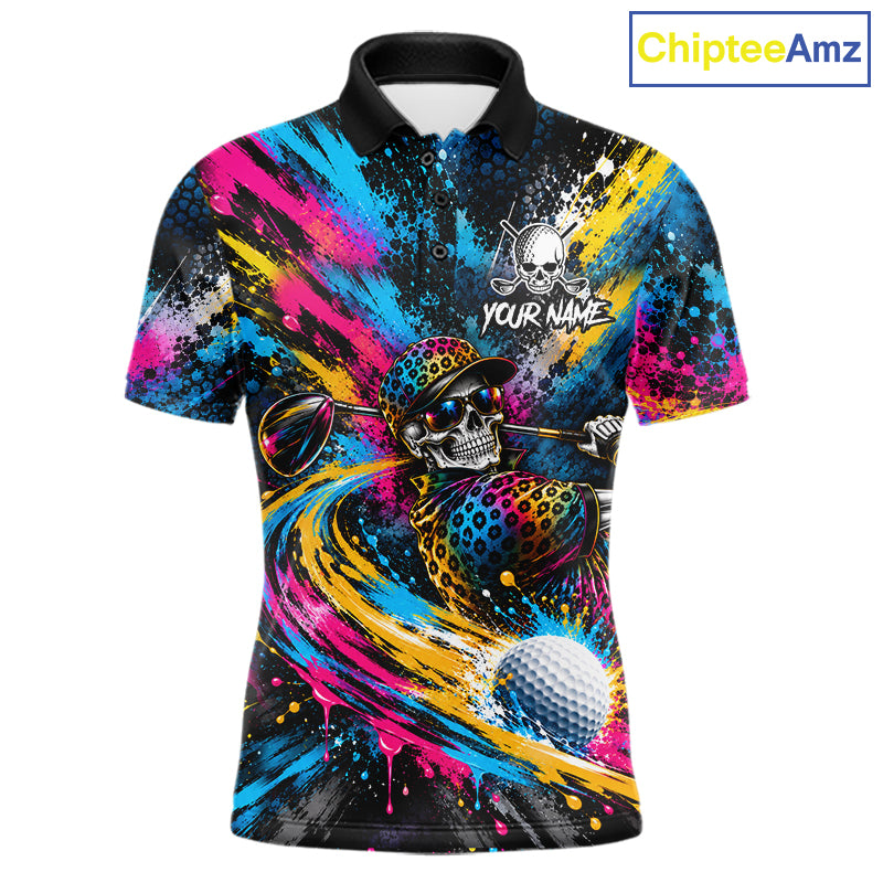 Skeleton Splatter Golf Polo Shirt For Men Custom Neon Colorful Golf Jersey Golf Apparel Gift NYN5031