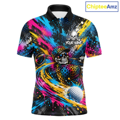 Skeleton Splatter Golf Polo Shirt For Men Custom Neon Colorful Golf Jersey Golf Apparel Gift NYN5031