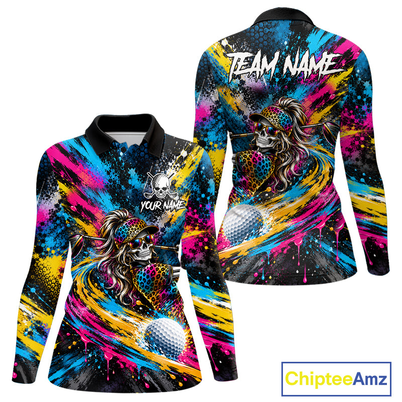 Skeleton Splatter Golf Polo Shirt For Women Custom Neon Colorful Golf Jersey Golf Apparel Gift NYN5031