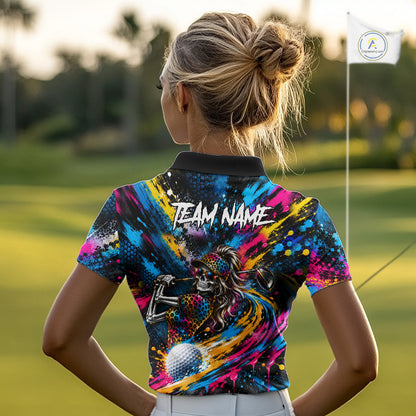 Skeleton Splatter Golf Polo Shirt For Women Custom Neon Colorful Golf Jersey Golf Apparel Gift NYN5031