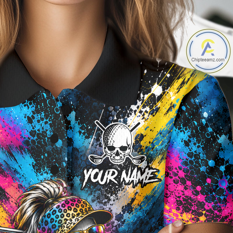 Skeleton Splatter Golf Polo Shirt For Women Custom Neon Colorful Golf Jersey Golf Apparel Gift NYN5031
