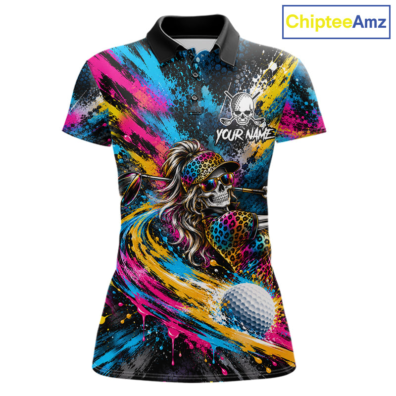 Skeleton Splatter Golf Polo Shirt For Women Custom Neon Colorful Golf Jersey Golf Apparel Gift NYN5031