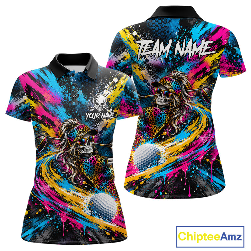 Skeleton Splatter Golf Polo Shirt For Women Custom Neon Colorful Golf Jersey Golf Apparel Gift NYN5031