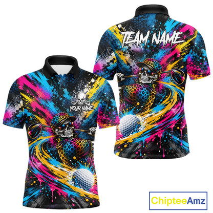 Skeleton Splatter Golf Polo Shirt For Men Custom Neon Colorful Golf Jersey Golf Apparel Gift NYN5031