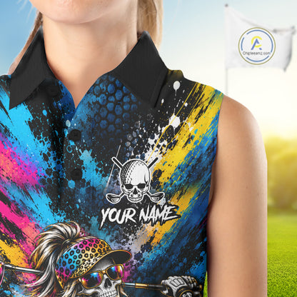 Skeleton Splatter Golf Sleeveless Polo Shirt For Women Custom Neon Colorful Golf Jersey Golf Apparel NYN5031