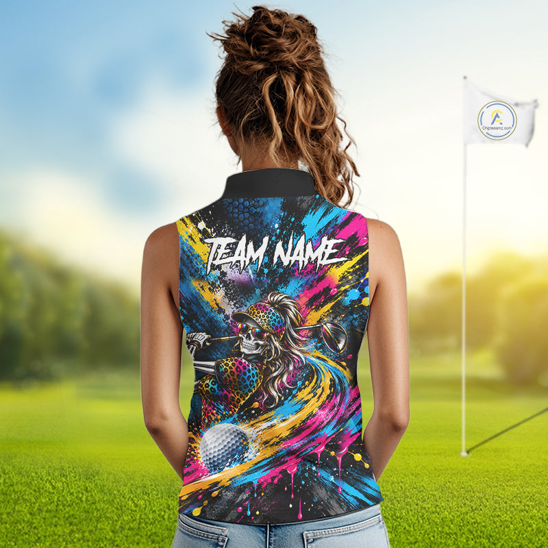 Skeleton Splatter Golf Sleeveless Polo Shirt For Women Custom Neon Colorful Golf Jersey Golf Apparel NYN5031