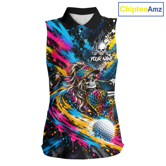 Skeleton Splatter Golf Sleeveless Polo Shirt For Women Custom Neon Colorful Golf Jersey Golf Apparel NYN5031