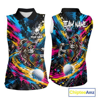 Skeleton Splatter Golf Sleeveless Polo Shirt For Women Custom Neon Colorful Golf Jersey Golf Apparel NYN5031