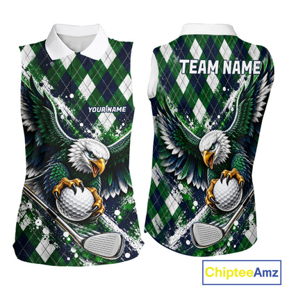 Green Argyle Eagle Golf Sleeveless Polo Shirt Custom Argyle Golf Team Golf Jersey For Women NYN5034