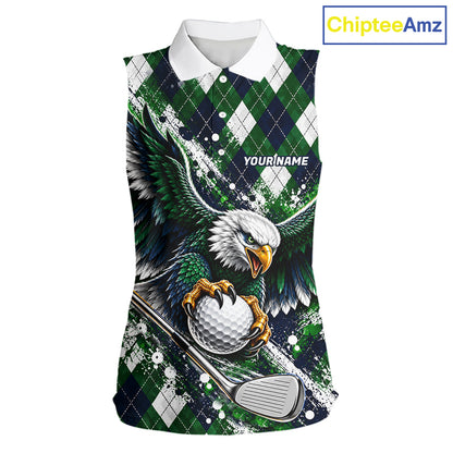Green Argyle Eagle Golf Sleeveless Polo Shirt Custom Argyle Golf Team Golf Jersey For Women NYN5034