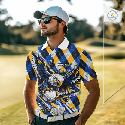 Blue & Yellow Argyle Pattern Eagle Golf Polo Shirt Custom Argyle Golf Team Golf Jersey For Men NYN5035