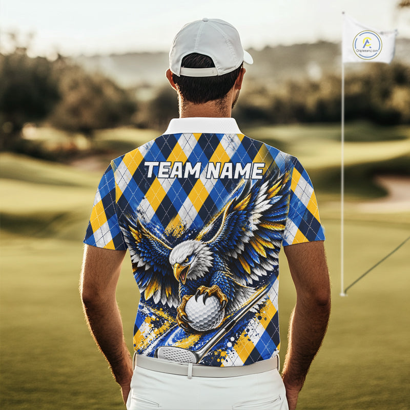 Blue & Yellow Argyle Pattern Eagle Golf Polo Shirt Custom Argyle Golf Team Golf Jersey For Men NYN5035