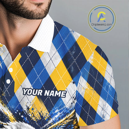 Blue & Yellow Argyle Pattern Eagle Golf Polo Shirt Custom Argyle Golf Team Golf Jersey For Men NYN5035